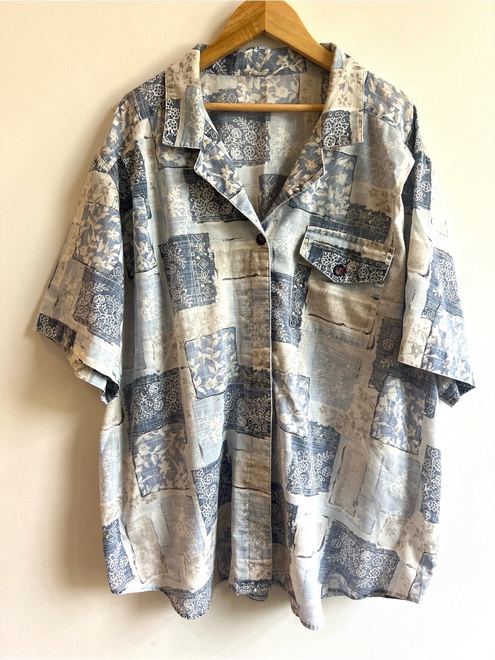 Summer Vacation Casual Blue Patchwork Short-Sleeve Men’s L Cotton Blend Shirt